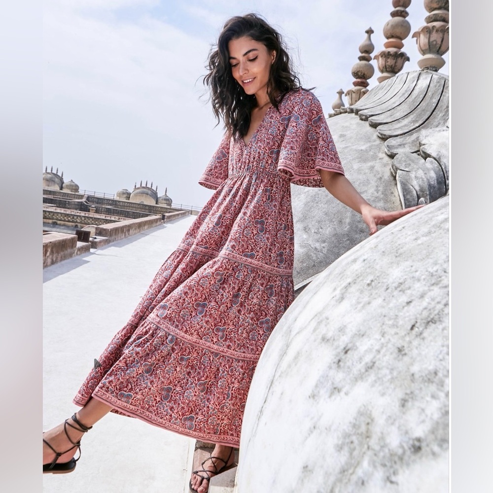Omika Cotton/Linen Paisley V‑Neck Tiered Maxi Dress